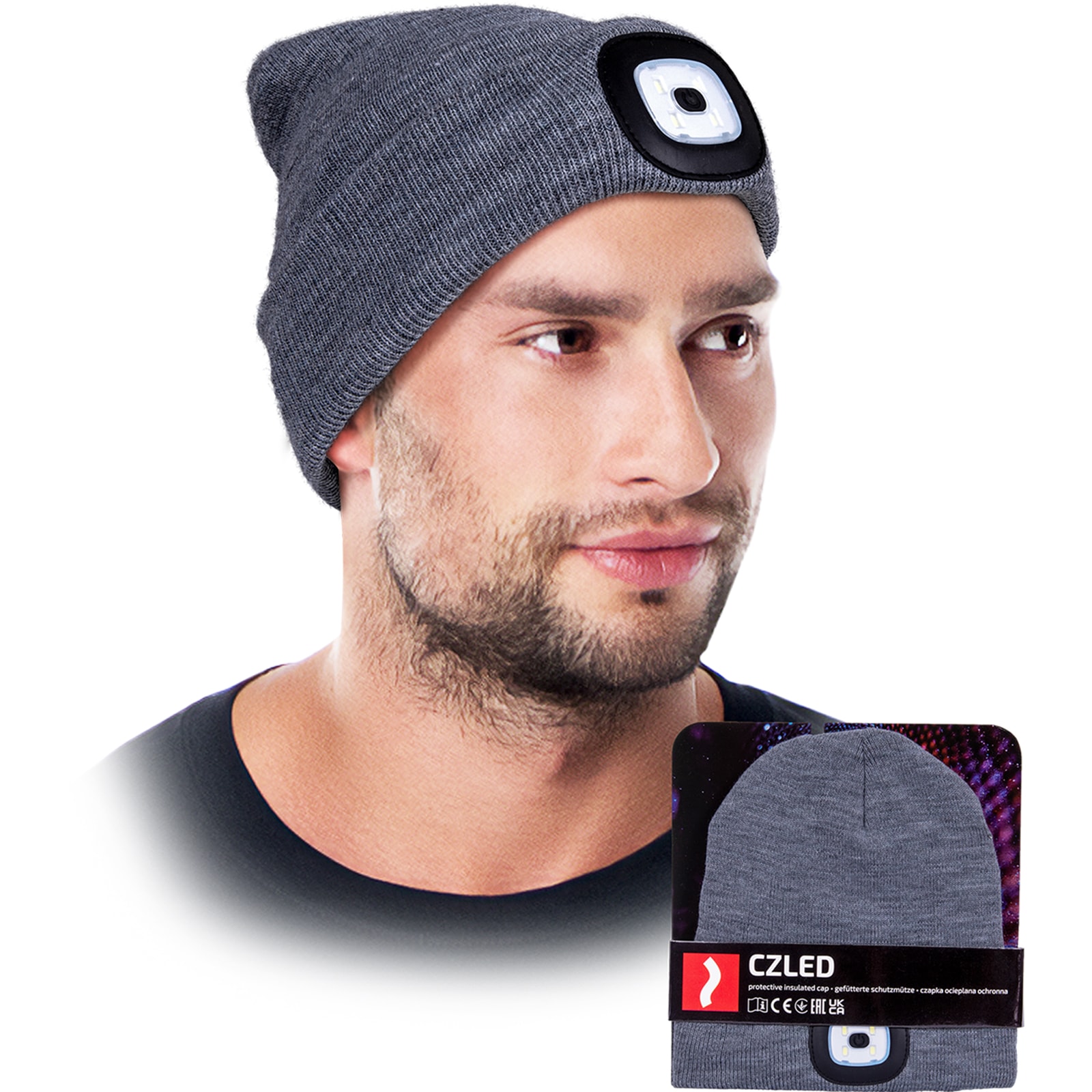 Wintermütze mit LED-Taschenlampe SHINE GREY Wintermütze mit LED-Taschenlampe SHINE GREY